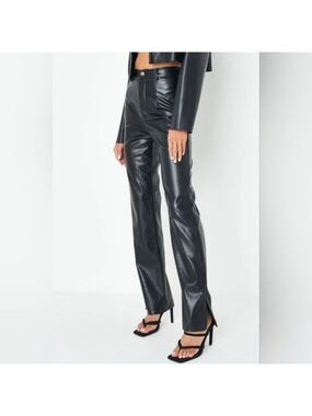 Missguided Faux Leather Split Hem Black Trousers Size 10